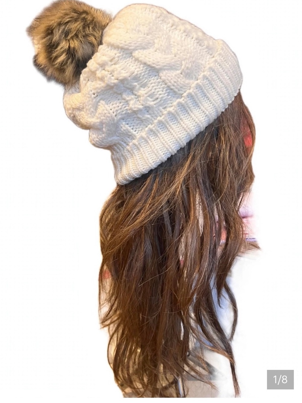 Off White Cable-Knit vest & Beanie w/ Faux-Fur Pom BUNDLE